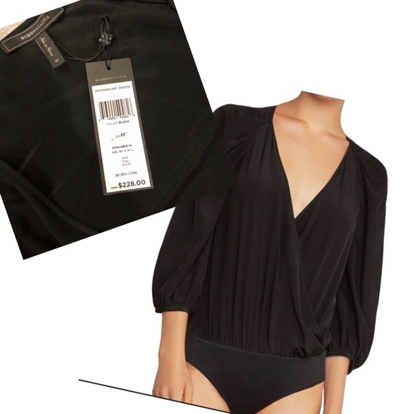 BCBG Bodysuit Black Pleated-Shoulder Faux-wrap - Picture 1 of 9